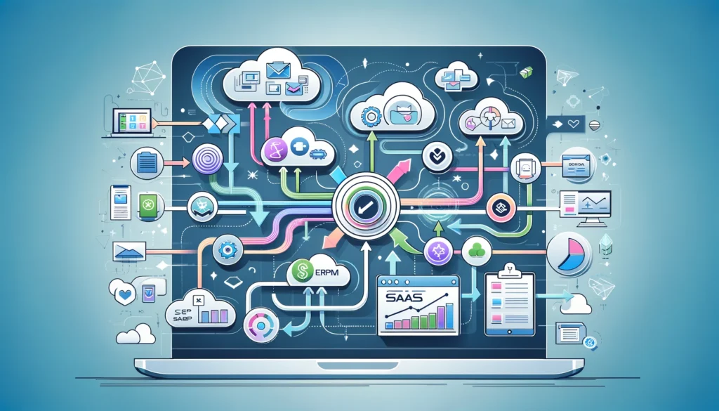 Illustration d'un diagramme représentant l'intégration de plusieurs logiciels SaaS au sein d'une entreprise.