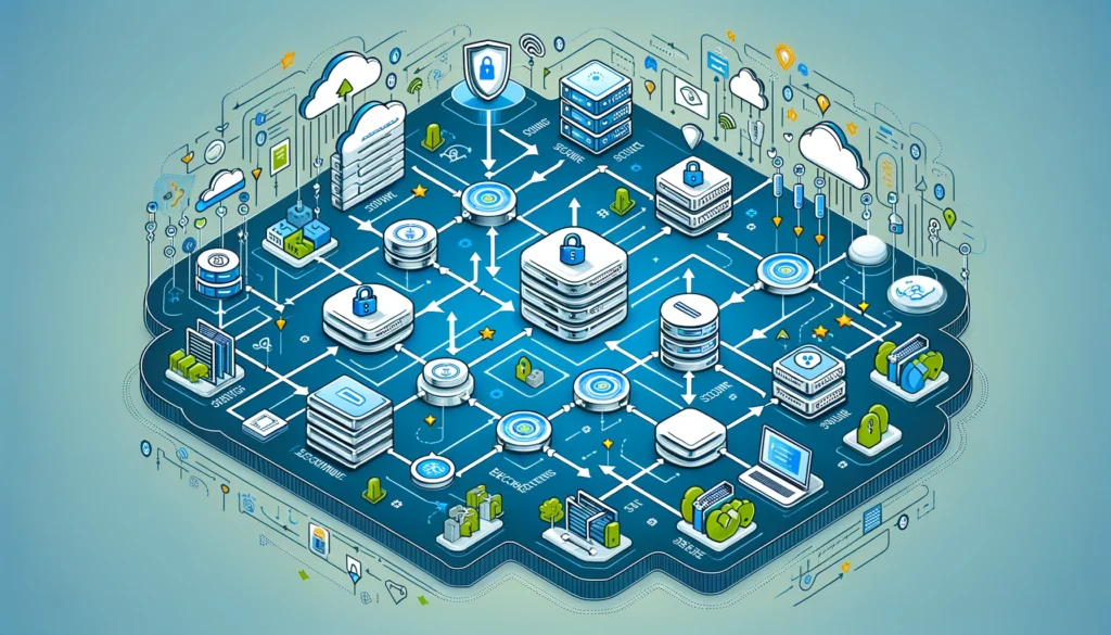 "Illustration d'un diagramme représentant le flux de données sécurisé au sein d'une plateforme SaaS, illustrant un réseau interconnecté